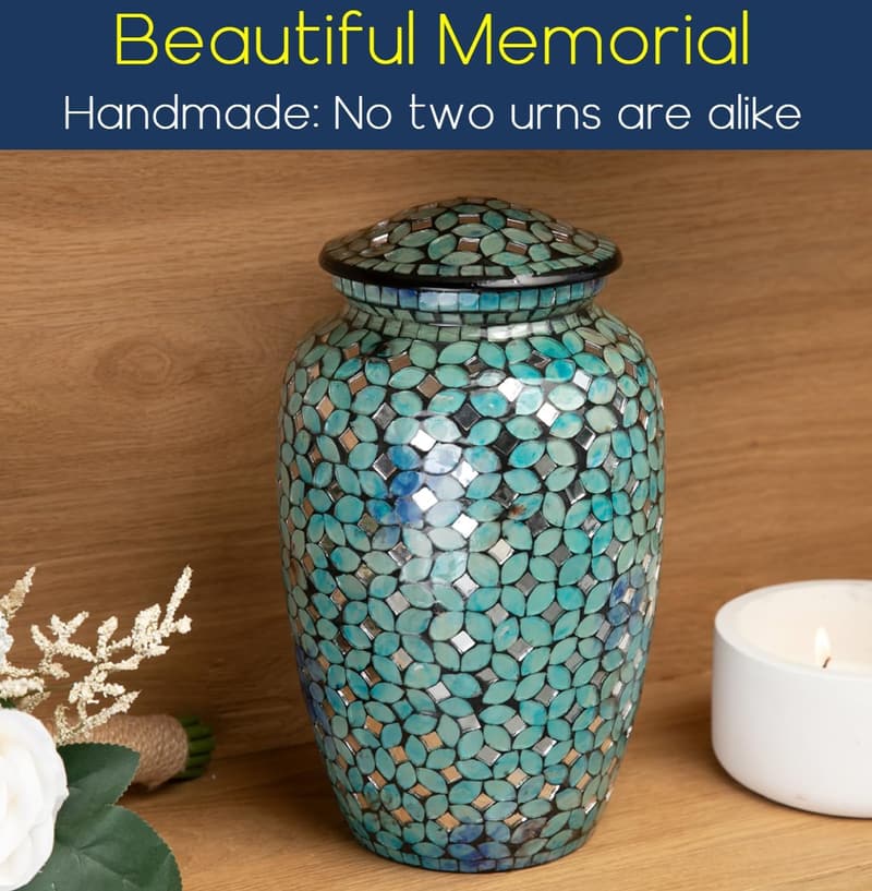 Blue Mosaic Glass Cremation Urn - Handmade Unique Burial Urn