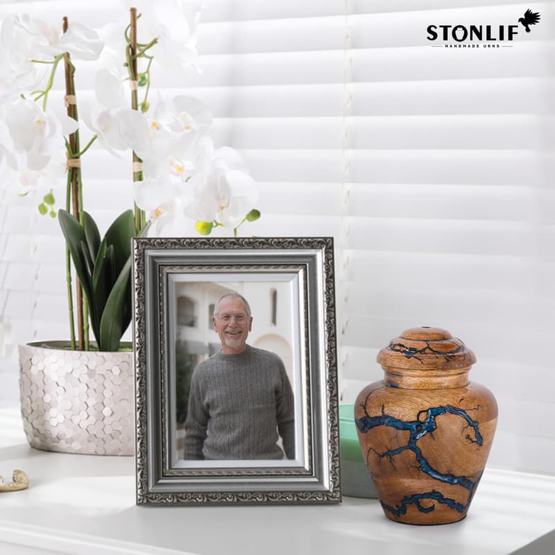 Blue Wooden Cremation Urn for Adult Male Ashes - 20 Cubic Inches
