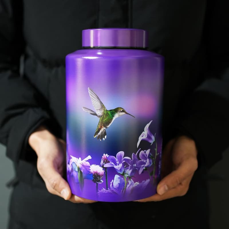 Purple Hummingbird Urn for Adult Ashes, Up to 220 lbs