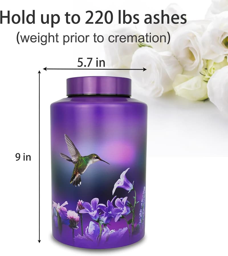 Purple Hummingbird Urn for Adult Ashes, Up to 220 lbs