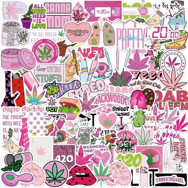 100PCS Pink Kawaii Weed Stickers for Adults