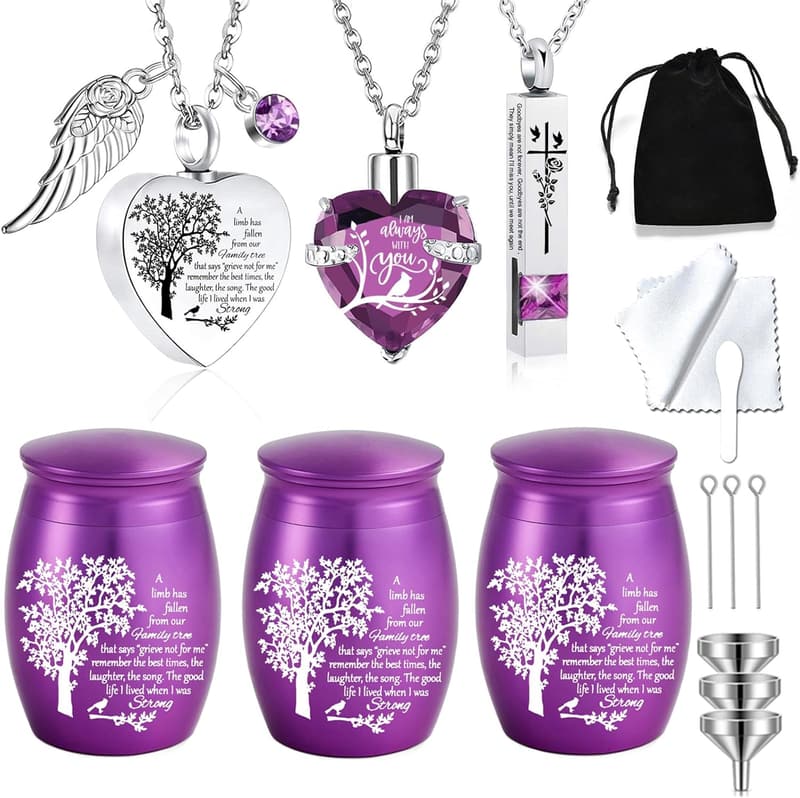 Memorial Cremation Urn Necklace Set for Ashes - 6 Purple Keepsakes