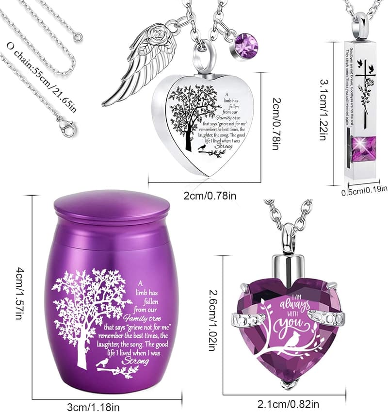 Memorial Cremation Urn Necklace Set for Ashes - 6 Purple Keepsakes