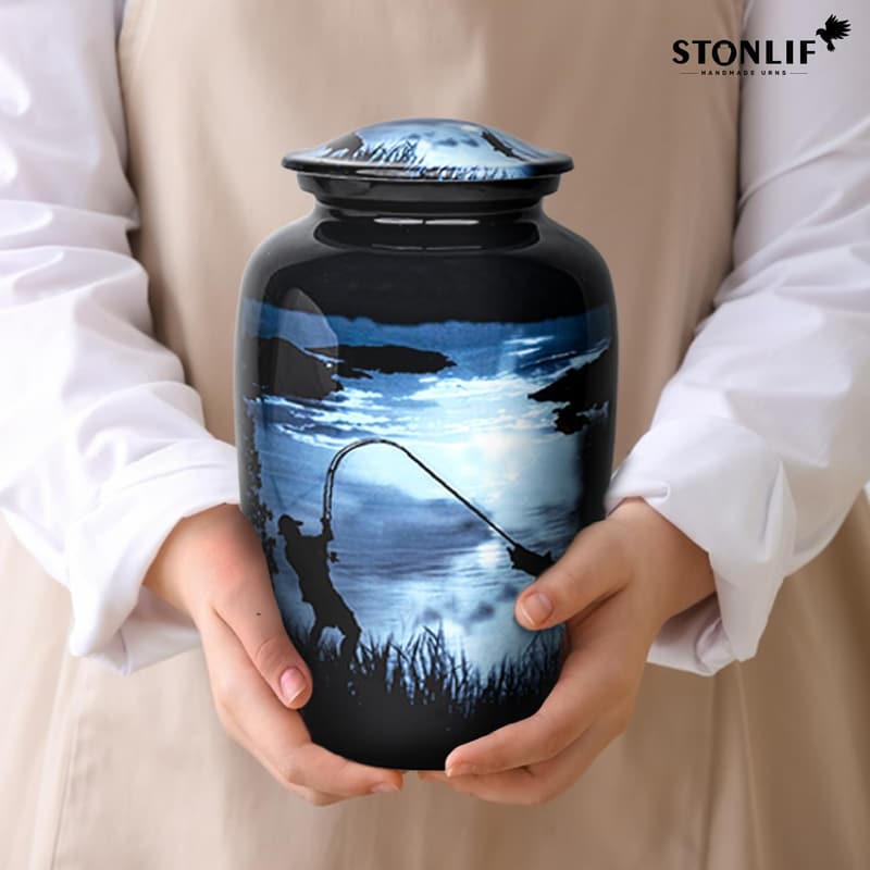 Gone Fishing Decorative Urn for Ashes - Blue Adult Urn