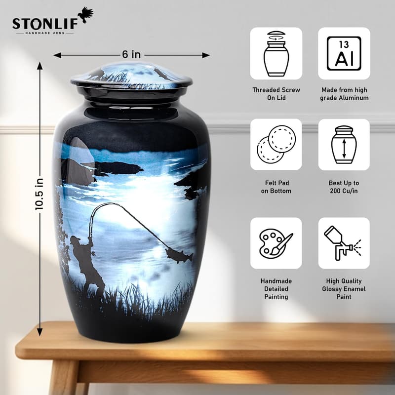 Gone Fishing Decorative Urn for Ashes - Blue Adult Urn