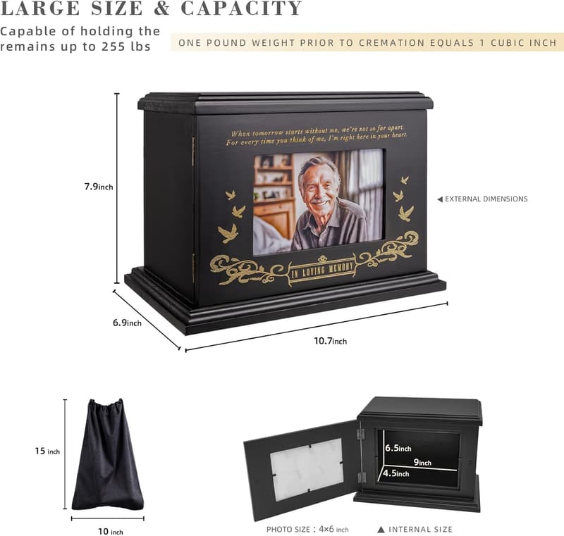 Wooden Cremation Urn with Picture Frame for Adults and Children