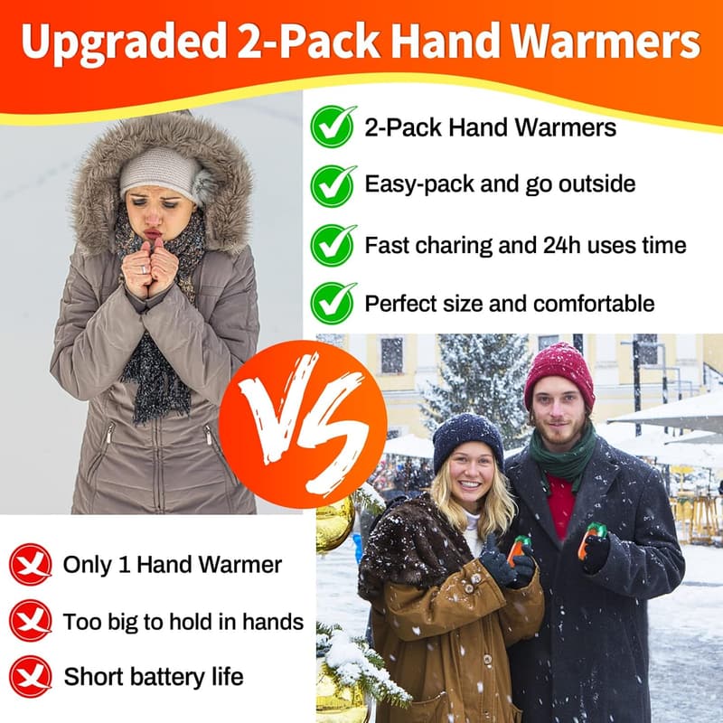 Rechargeable Rugby-Shaped Hand Warmers - 2 Pack, 20Hrs Heat