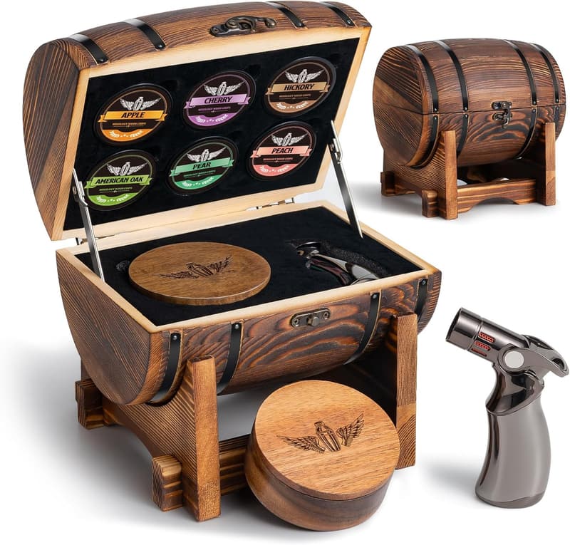 Cocktail Smoker Kit with Wooden Display Barrel and 6 Wood Chips
