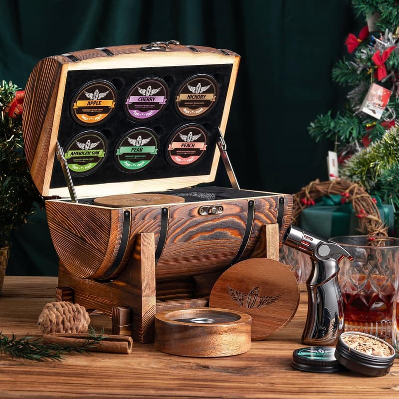 Cocktail Smoker Kit with Wooden Display Barrel and 6 Wood Chips