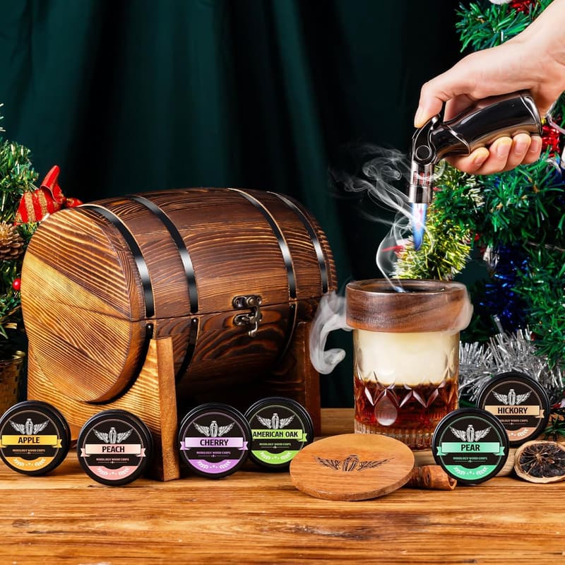 Cocktail Smoker Kit with Wooden Display Barrel and 6 Wood Chips