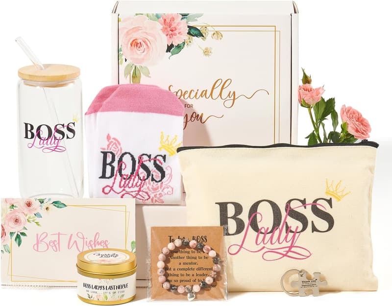 Boss Lady Gift Set for Women - Tote Bag, Glass Cup, Candle, Bracelet, Keychain