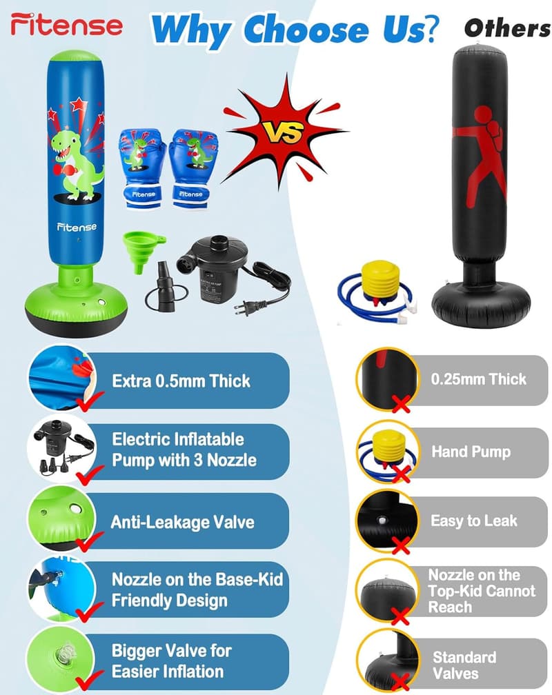 Dinosaur Inflatable Punching Bag Set for Kids Age 6-12