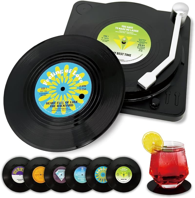 Funny Vinyl Record Coasters Set with Holder for Music Lovers