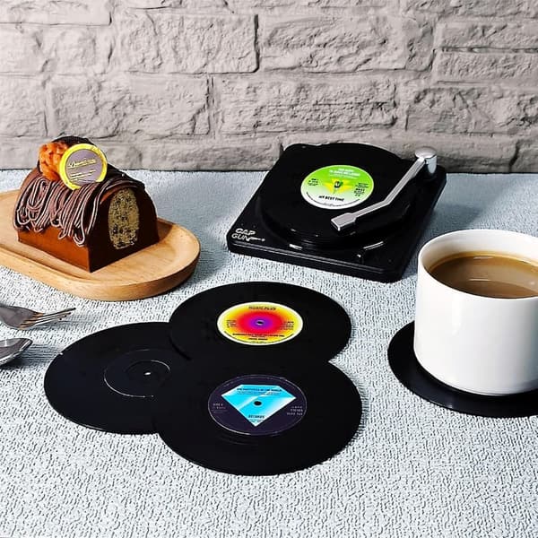 Funny Vinyl Record Coasters Set with Holder for Music Lovers