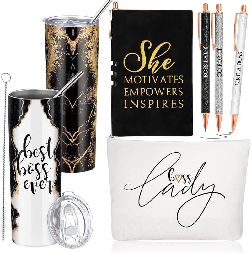Boss Day Gift Set for Women - Rustic Marble Tumbler & Makeup Bag