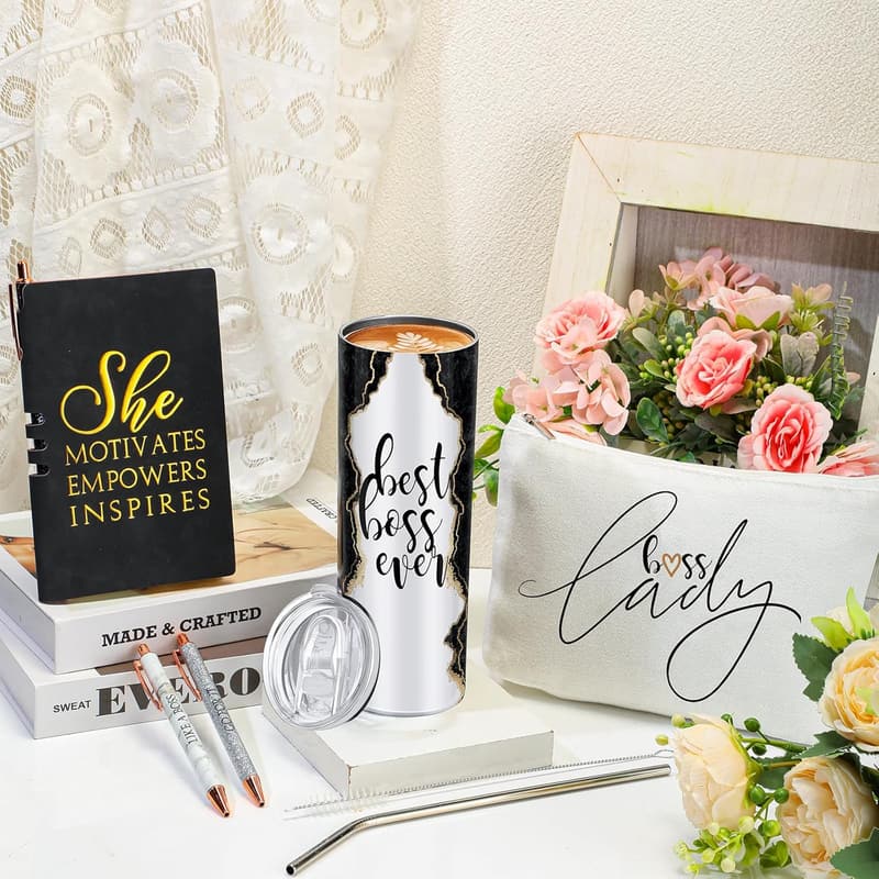 Boss Day Gift Set for Women - Rustic Marble Tumbler & Makeup Bag