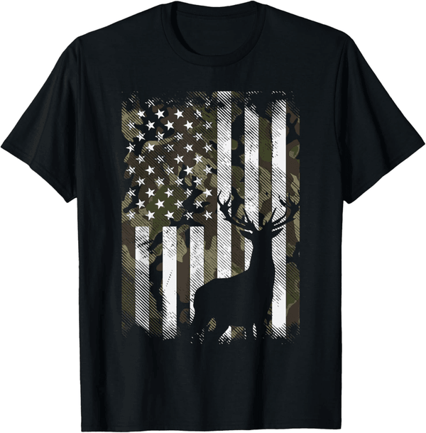 Camo US Flag Deer Short Sleeve T-Shirt for Hunter Dad