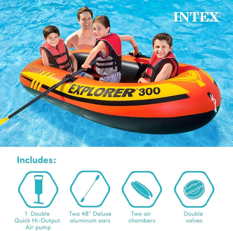 Intex Explorer Inflatable Boat – Dual Air Chambers, Sporty Design