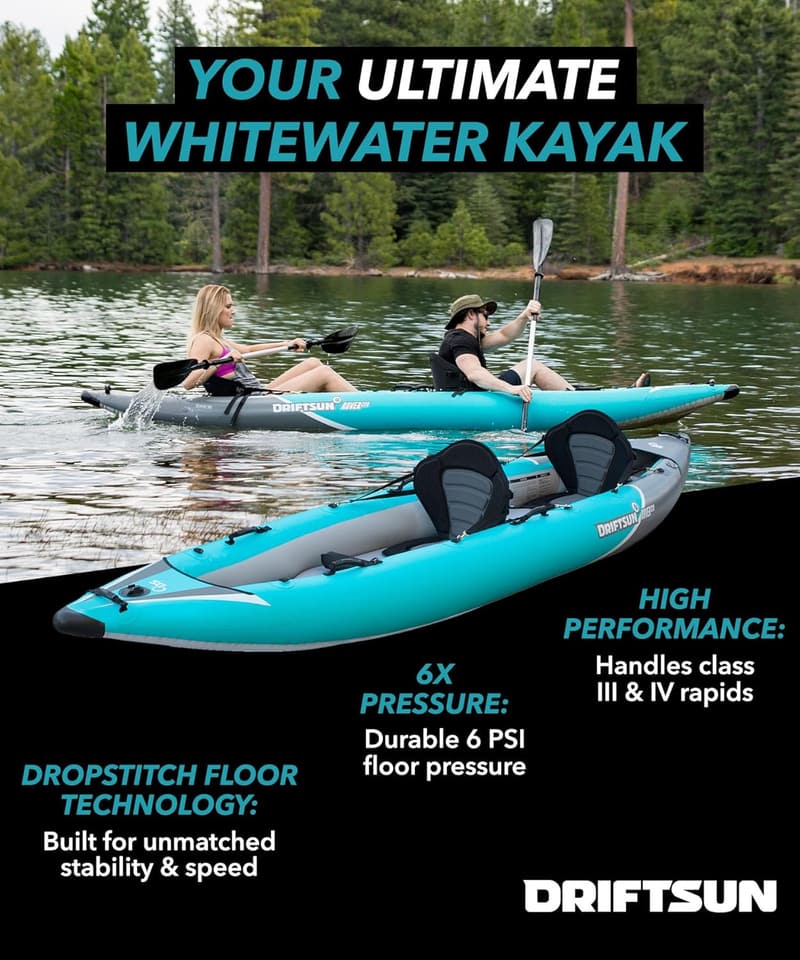 Inflatable Kayak for 1-2 Adults - High Pressure, Padded Seats