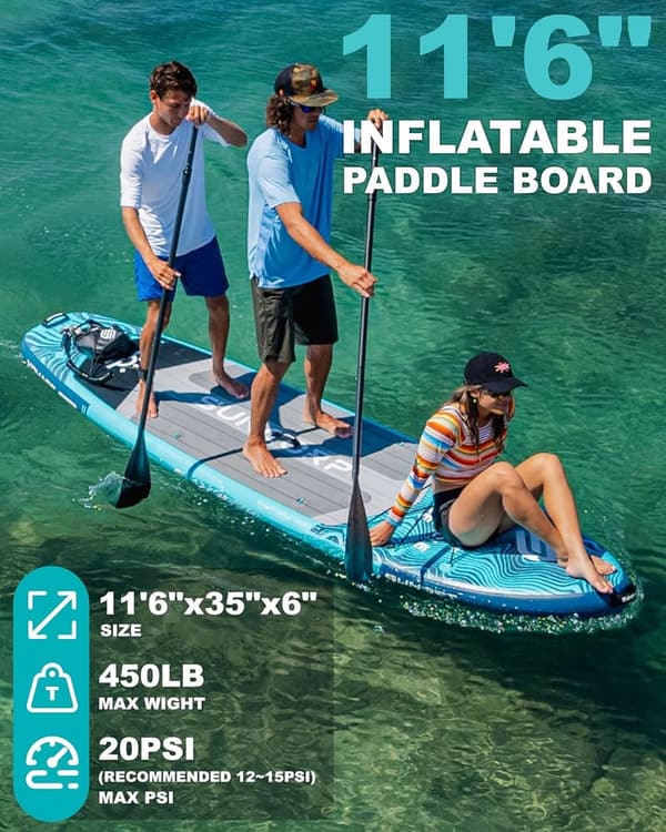 Inflatable Paddle Board 11.6'x35'' - Extra Wide, 450 lbs Capacity, Family Kits