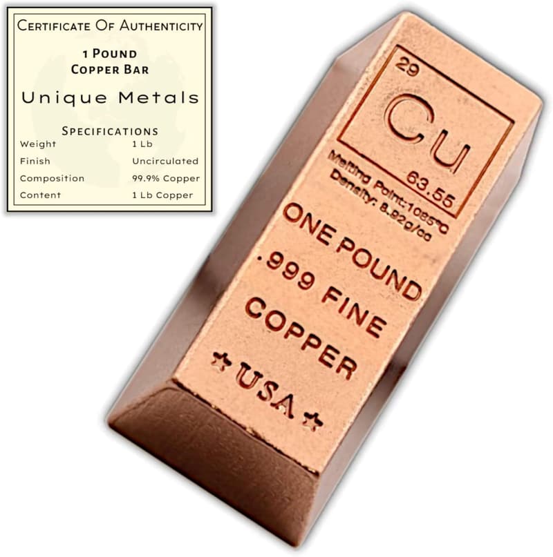 .999 Pure Copper Paperweight Ingot with Certificate of Authenticity