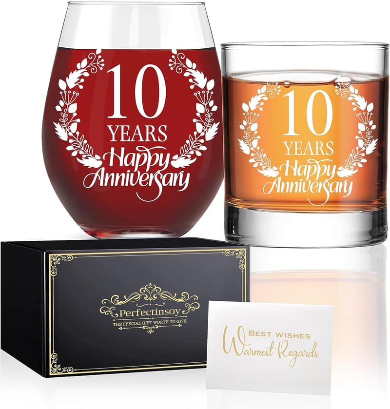 10th Anniversary Whiskey & Wine Glass Gift Set for Couples