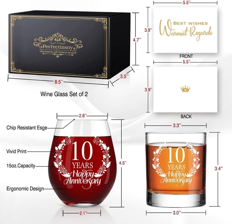 10th Anniversary Whiskey & Wine Glass Gift Set for Couples