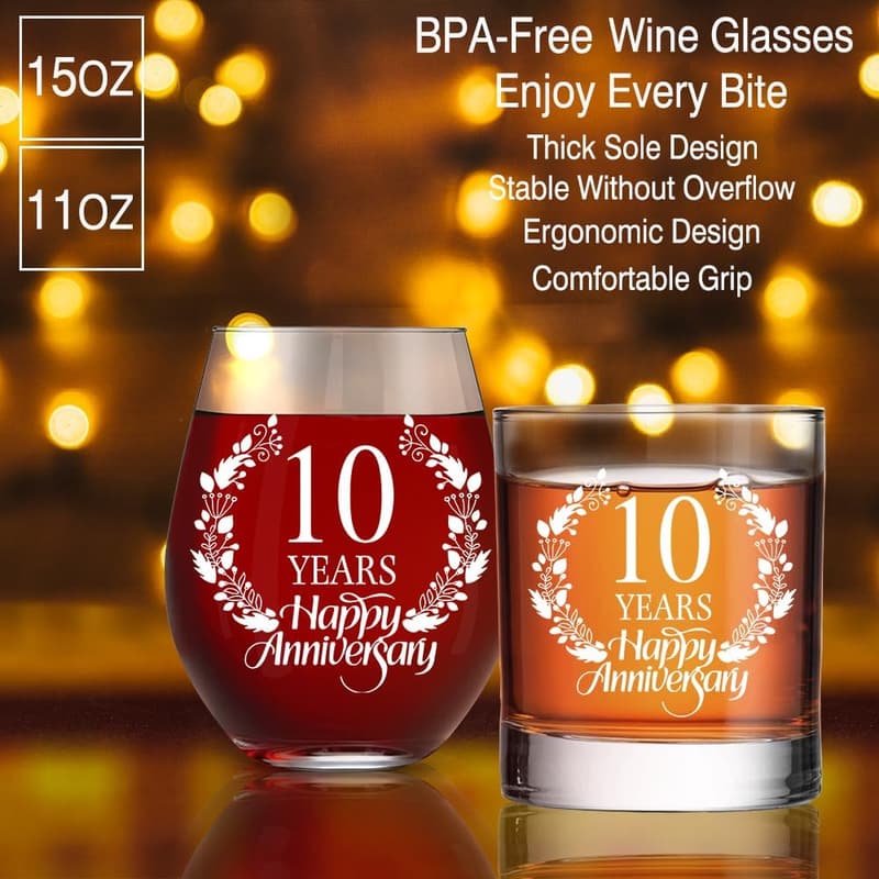 10th Anniversary Whiskey & Wine Glass Gift Set for Couples