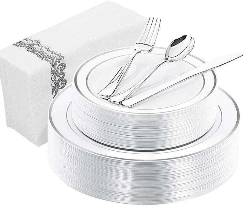 150PCS Disposable Silver Plastic Dinnerware Set