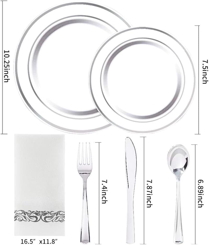 150PCS Disposable Silver Plastic Dinnerware Set