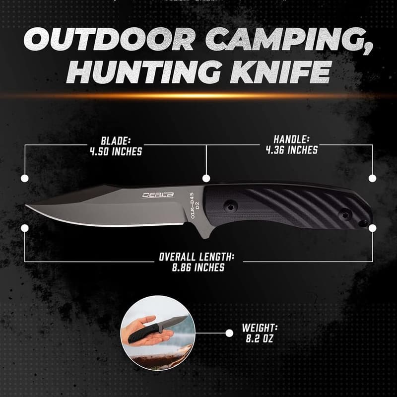 Tactical Survival Knife, D2 Steel Blade, G10 Handle, EDC Clip