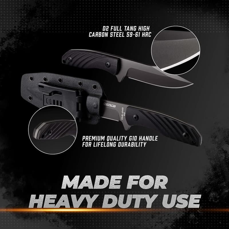 Tactical Survival Knife, D2 Steel Blade, G10 Handle, EDC Clip