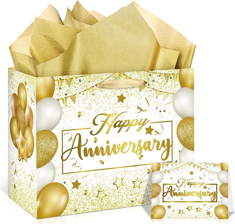 White Gold Anniversary Gift Bag with Tissue and Card, 11.8''