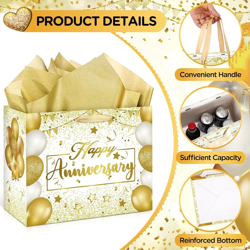 White Gold Anniversary Gift Bag with Tissue and Card, 11.8''