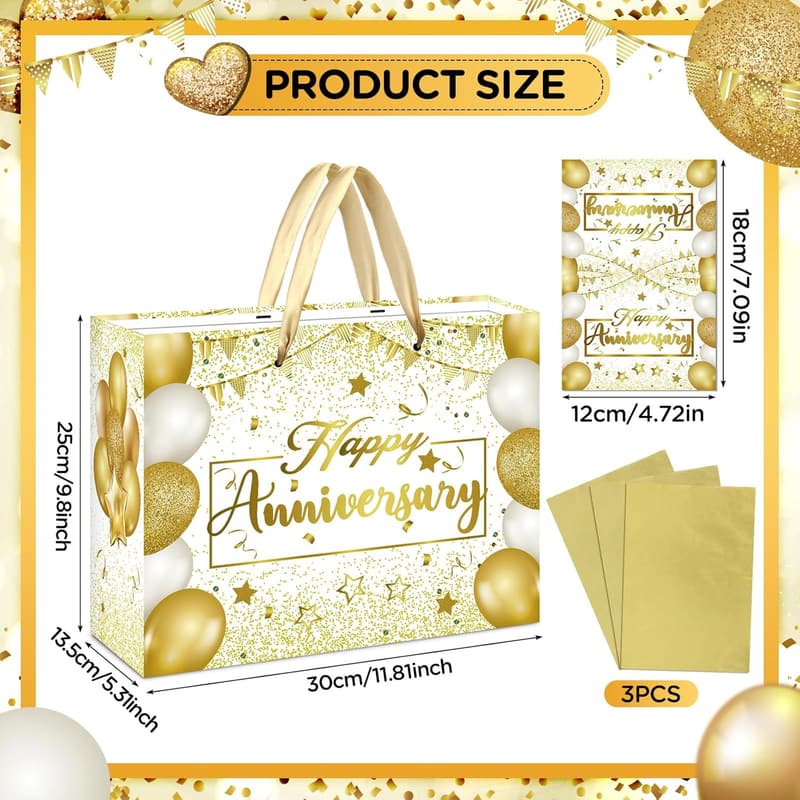 White Gold Anniversary Gift Bag with Tissue and Card, 11.8''