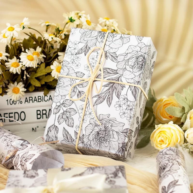 Vintage Floral Gift Wrapping Paper Roll - Black & White - 30