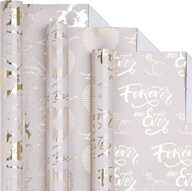 Gold Wedding Wrapping Paper Roll - Floral & Heart Design, 3 Rolls