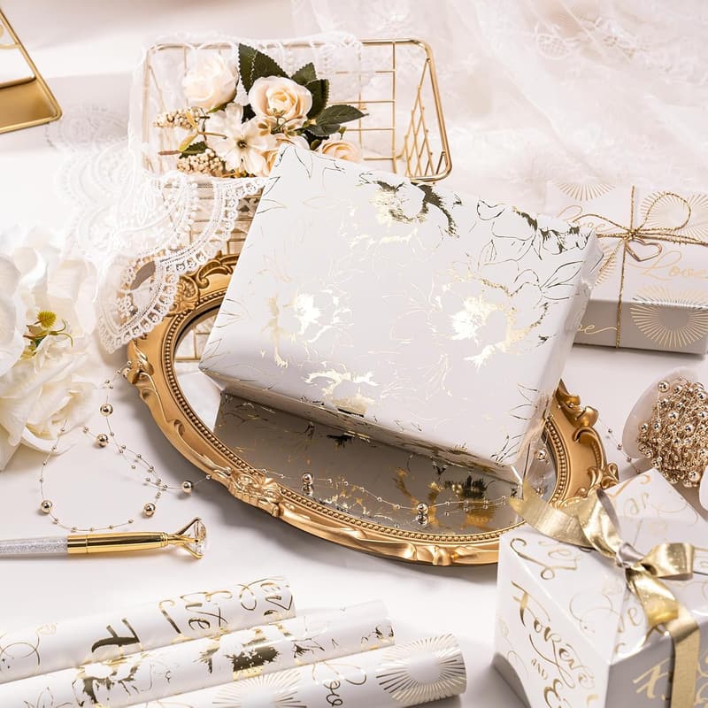 Gold Wedding Wrapping Paper Roll - Floral & Heart Design, 3 Rolls