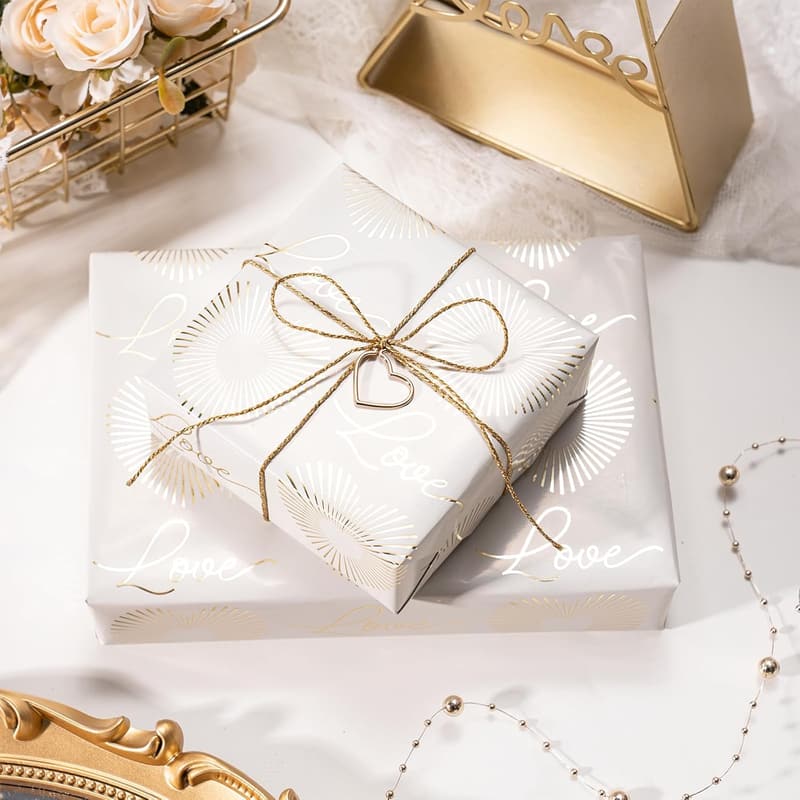 Gold Wedding Wrapping Paper Roll - Floral & Heart Design, 3 Rolls