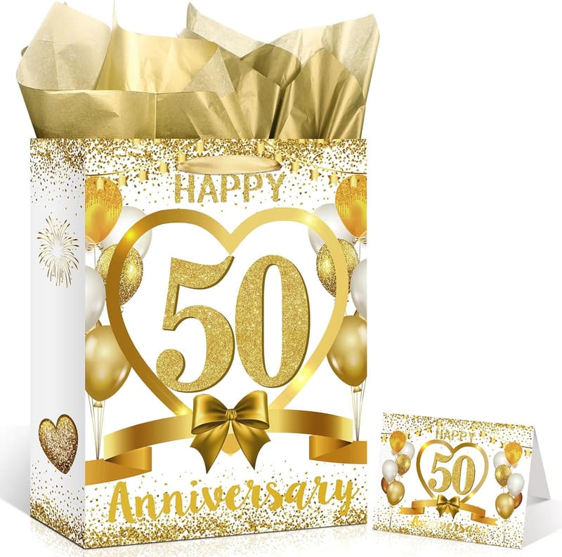 50th Anniversary White Gold Gift Bag with Tissue and Card