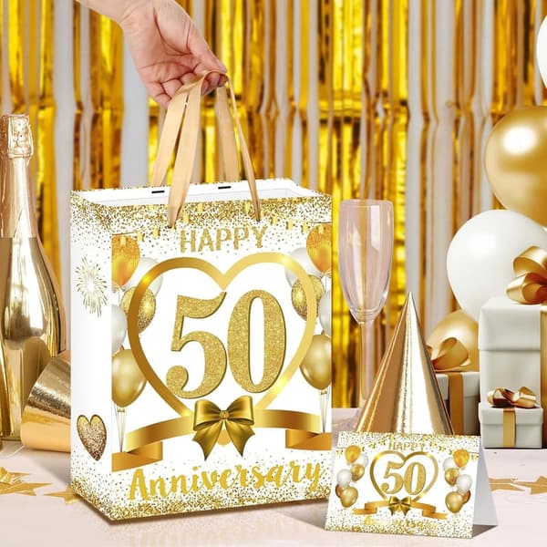 50th Anniversary White Gold Gift Bag with Tissue and Card