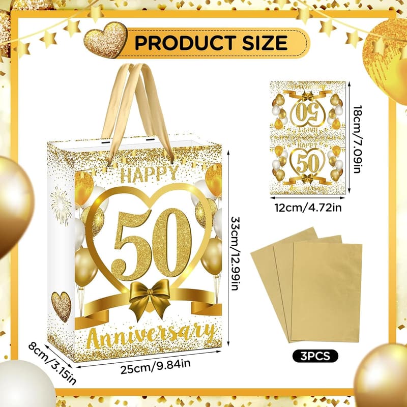 50th Anniversary White Gold Gift Bag with Tissue and Card