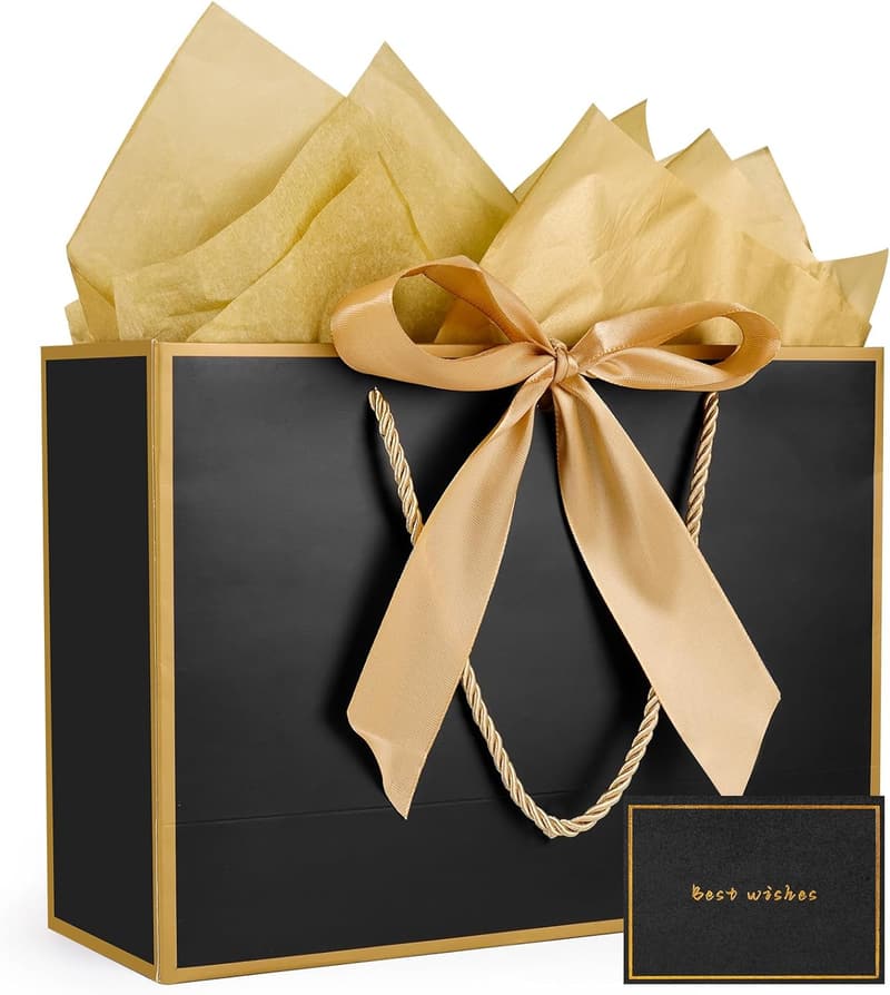 Black and Gold Gift Bag Set with Tissue and Card for Anniversaries