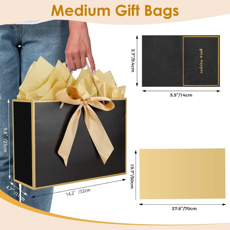 Black and Gold Gift Bag Set with Tissue and Card for Anniversaries