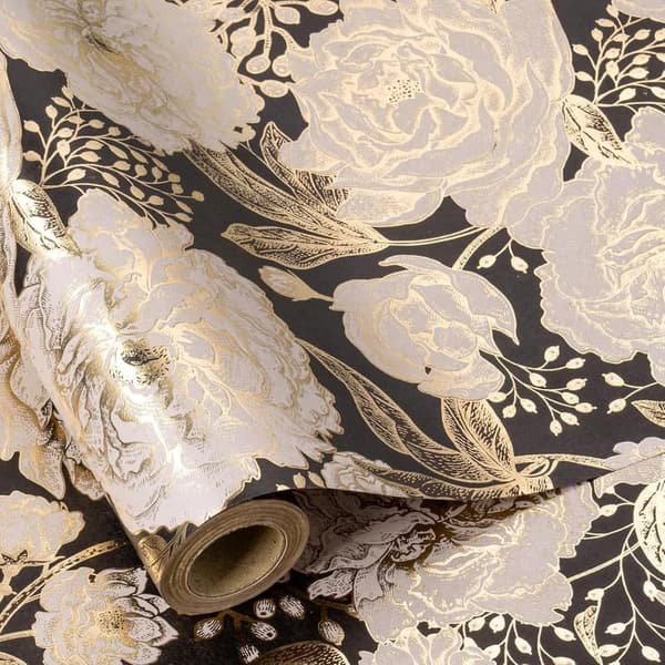 Black Floral Gift Wrapping Paper Roll for Women, 17