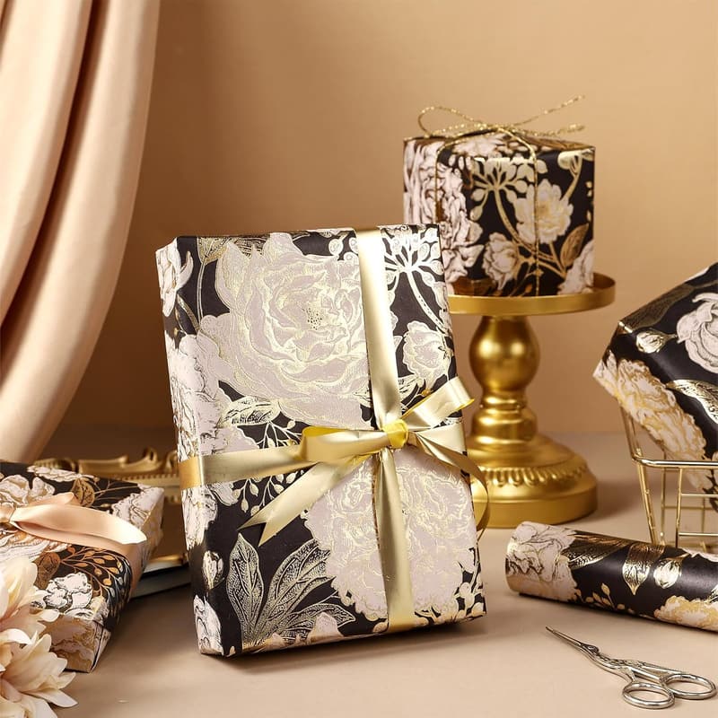 Black Floral Gift Wrapping Paper Roll for Women, 17