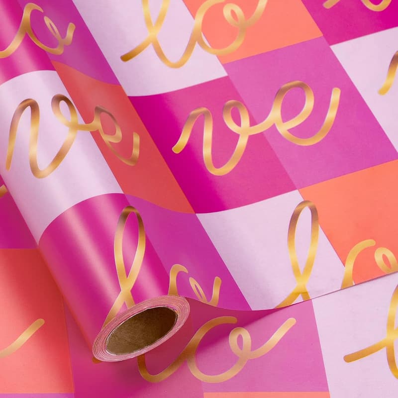 Valentine's Day Wrapping Paper Roll - Golden Love & Pink Checkered