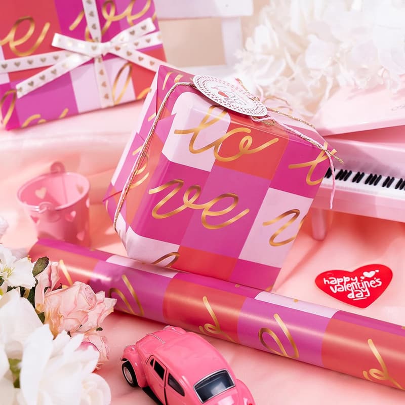 Valentine's Day Wrapping Paper Roll - Golden Love & Pink Checkered