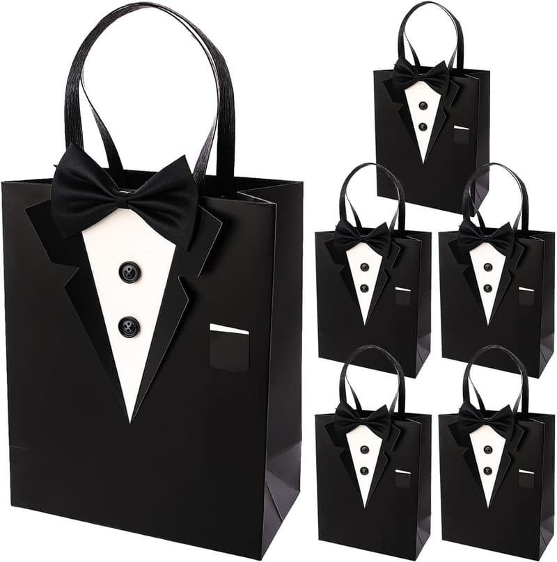 Classic Black Tuxedo Gift Bags for Groomsman - 6 Pack