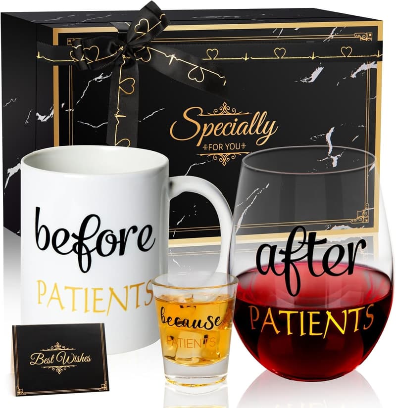 Nurse's Day Gift Set: Black Coffee Mug, Wine Glass & Shot Glass